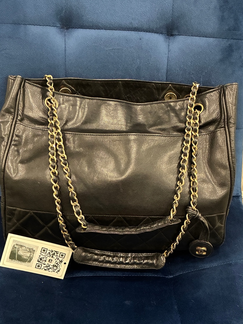 Authentic Chanel Vintage Black Leather Chain Tote Shoulder Bag w/COA